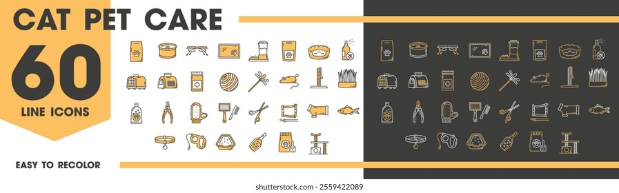 Cat pet care line icons, grooming supplies, toys and treats, vector symbols. Cats and kitten pet care icons of ball and mouse toy, nail clippers and brush with feeding bowls and hair grooming brush