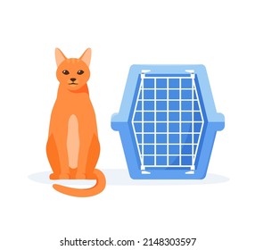 Cat and pet carrier. Manual plastic carrying case for traveling with pets or visiting veterinarian. Cat transport box. Flat style vector illustration 