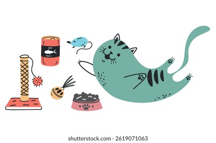 Cat with pet cats tools stuff isolated set. Flat line art illustration