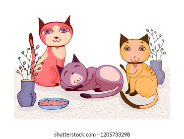 Cat, pet, comfort, affection and care. Colorful hand drawn vector stock illustration.