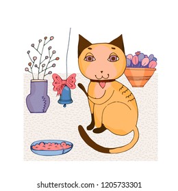 Cat, pet, comfort, affection and care. Colorful hand drawn vector stock illustration.