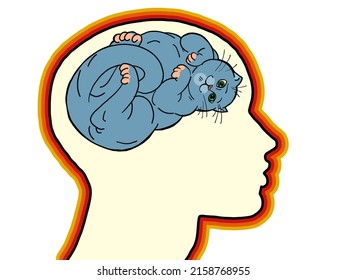 cat is a pet, companion. Thoughts in the silhouette of the head, dreams.