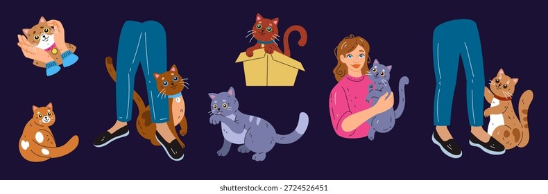 Gato animal de estimação. Gatinho bonito, felino amigo. Deitado de barriga para cima, relaxe roxo, animal preguiçoso. Expressão de caráter feliz. Kitty esfregar contra as pessoas. Coleção de estilos simples de adesivo. Conjunto isolado de desenhos animados arrumado ao vetor