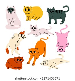 Cat Pet Hand Drawn Illustration. Cartoon cat set with different poses. Ginger kitty in simple cute style.