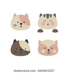 Cat pet head, domestic animal faces icon set. Fluffy kitten. Cute cartoon funny kitty characters isolated on white background. flat vector illustration