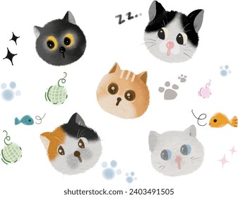 Cat pet head face icon set and draw vector illustration character design banner cute cat Watercolor style