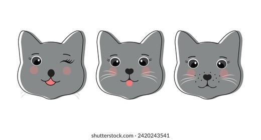 Cat pet head face icon, Vector illustration of funny cartoon cats, Cat face with various expressions and patterns vector illustration flat design. Eps 10