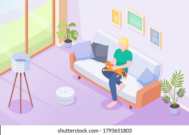 Cat pet and owner on sofa at home, vector isometric illustration. Woman or girl sitting on sofa with cat or kitten on knees, caress and cuddle, domestic pets in house, modern interior background