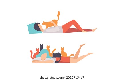 Cat Pet Owners Set, Man and Woman Lying and Hugging and Petting Cats Flat Vector Illustration