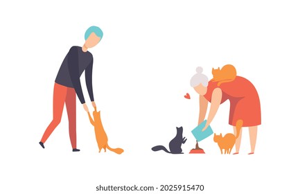 Cat Pet Owners Set, People Hugging and Petting Cats Flat Vector Illustration