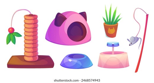 Cat pet shop with food and toy cartoon goods icon. House animal supplies in petshop object set. Vet accessories, drink bowl and bed interior element for supermarket. Veterinary indoor graphic