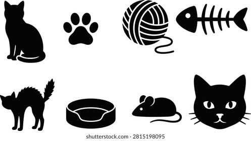 Cat and Pet Silhouettes Featuring Sitting Cat, Paw Print, Yarn Ball, Fish Skeleton, Arched Cat, Pet Bed, Mouse, and Cat Face
