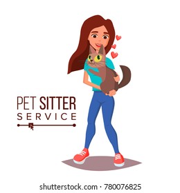 Cat Pet Sitter Vector. Cat Sitter Walking. Pet Taking A Rest. Cartoon Character Illustration