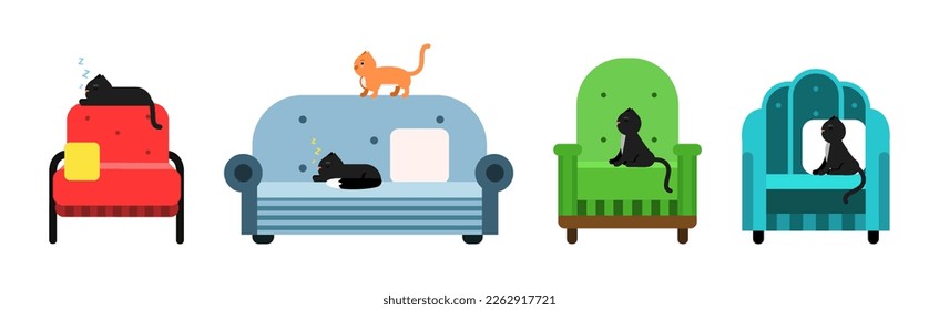 Cat Pet Sitting on Armchair and Sofa at Home Vector Set