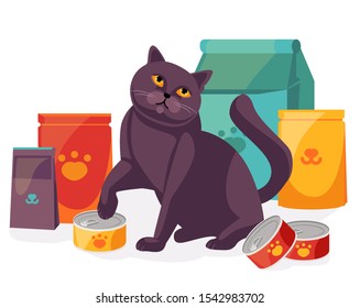 cat in a pet store with packages and canned food for pets. British Scottish cat with its feed. Vector illustration