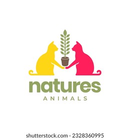 cat pets care plant flowers nature mascot colorful logo vector icon illustration
