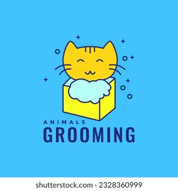 cat pets grooming clean wash foam fresh colorful modern mascot cartoon cute logo vector icon illustration