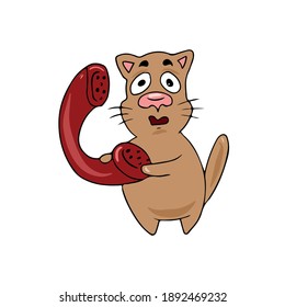 Cat with a phone handset.Vector children's design on a white isolated background, for postcard banners.Sticker