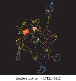 A cat with a phone and a selfie stick.An animal in a cap and sneakers.In sunglasses and a chain around the neck.Earring in the ear.Freehand sketch.Bright,creative illustration.