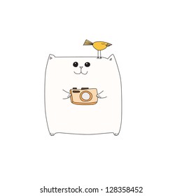 Cat with photo camera and bird. Vector illustration