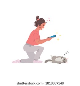 Cat photographer. Portrait of a kneeling girl taking photo of a cute sleeping cat. Vector 10 EPS.