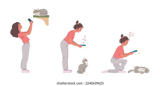 Cat photographer. Portrait of a kneeling girl taking photo of a cute cat. Vector 10 EPS.