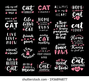Cat phrase black and white poster. Inspirational quotes about cat, and domestical pets. Hand written phrases for poster, cat adoption lettering. Adopt a cat.