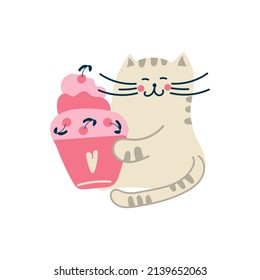 cat with a pie isolated on a white background. Doodle print for t-shirts, cards, cute cards, posters. Fictional stylish character and sweetness. Vector illustration, hand drawn