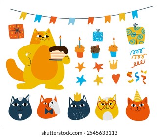 Gato con un trozo de pastel. Banderas, pasteles, caras de gatos - Elementos para la decoración. Ilustración vectorial plana eps10