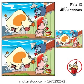 Cat, piglet and angry bull. Find 10 differences. Educational game for children. Cartoon vector illustration