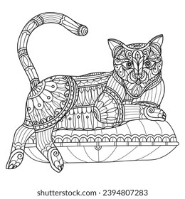 Cat and pillow hand drawn for adult coloring book