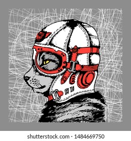 Cat pilot in a flying helmet on a hatched background. Sketch, graphics. Modest color palette - white, black, gray, red. Vector illustration