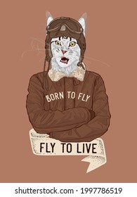 A cat pilot in a vintage style, vector illustration