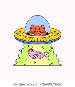 Cat piloting a yellow UFO beaming up a pink fish with a glowing green light cartoon illustration vector for quirky merchandise, pet-themed graphics