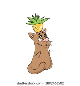 A cat with a pineapple on its head .Vector children's design on a white isolated background, for postcard banners.Sticker