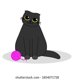 Cat with a pink ball of yarn. Cute black kitten with big yellow eyes. Simple cartoon vector illustration on white background