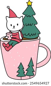 Cat with pink Christmas mug cartoon