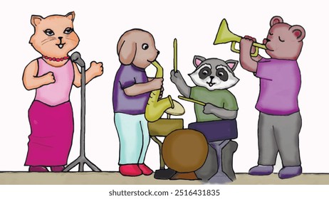 A cat in a pink dress sings, a dog plays the saxophone, a raccoon plays the drums