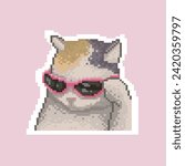Cat with pink glasses, pixel art meme