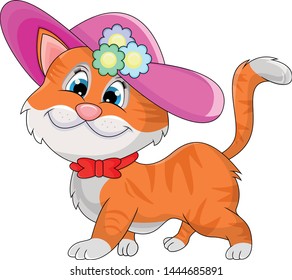 Cat with pink hat funny cartoon vector illustration