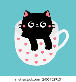 Cat in pink heart tea coffee cup. Happy Valentines Day. Black kitten. Paws hand. Cute cartoon funny baby animal pet character. Love greeting card. Flat design. Blue background. Vector illustration