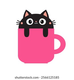 Cat in pink tea coffee cup. Paws hand. Funny black kitten. Cute cartoon funny baby animal pet character. Happy Valentines Day. Love greeting card. Flat design. White background. Vector illustration