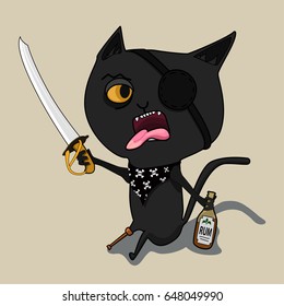 Cat Pirate with a bottle of rum and a blade. Cute black cartoon cat. Big mustache whisker. Funny character. Flat design. Isolated. Vector illustration