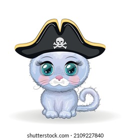 Cat Pirate, Cartoon Character Of The Game, Wild Animal Cat In A Bandana And A Cocked Hat With A Skull, With An Eye Patch. Character With Bright Eyes Isolated On White