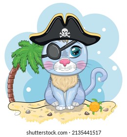 Cat pirate, cartoon character of the game, wild animal cat in a bandana and a cocked hat with a skull, with an eye patch.Character with bright eyes on the beach with palm trees
