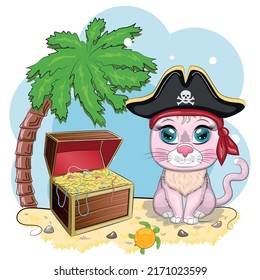 Cat Pirate, Cartoon Character Of The Game, Wild Animal Cat In A Bandana And A Cocked Hat With A Skull, With An Eye Patch. Character With Bright Eyes And Treasure Chest