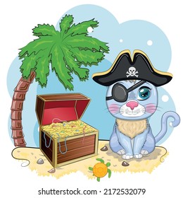 Cat Pirate, Cartoon Character Of The Game, Wild Animal Cat In A Bandana And A Cocked Hat With A Skull, With An Eye Patch. Character With Bright Eyes And Treasure Chest