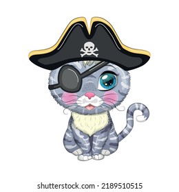 Cat pirate, cartoon character of the game, wild animal cat in a bandana and a cocked hat with a skull, with an eye patch. Cute child character, symbol of 2023 new chinese year