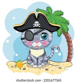 Cat Pirate, Cartoon Character Of The Game, Wild Animal Cat In A Bandana And A Cocked Hat With A Skull, With An Eye Patch. Cute Child Character, Symbol Of 2023 New Chinese Year