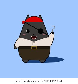 Un gato con traje de pirata con un parche en el ojo y un gancho. Imagen vectorial en formato eps.
